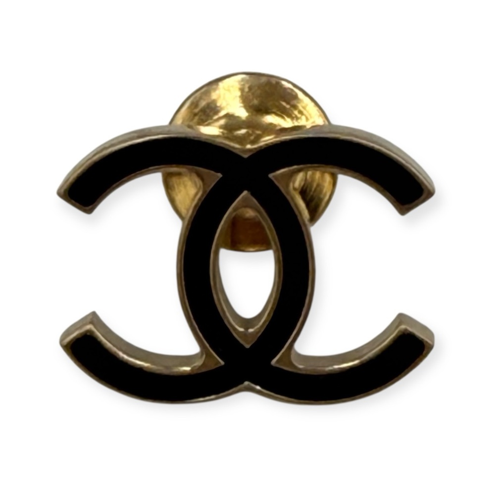Chanel CC Logo Brooch – Gold Tone & Black Enamel with Box + COA